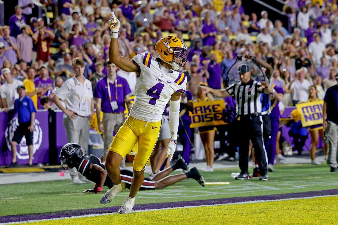 Cornerback Mansoor Delane #4 of the LSU Tigers celebrates a pass breakup during the game against the South Carolina Gamecocks at Tiger Stadium on October 11, 2025 in Baton Rouge, Louisiana.