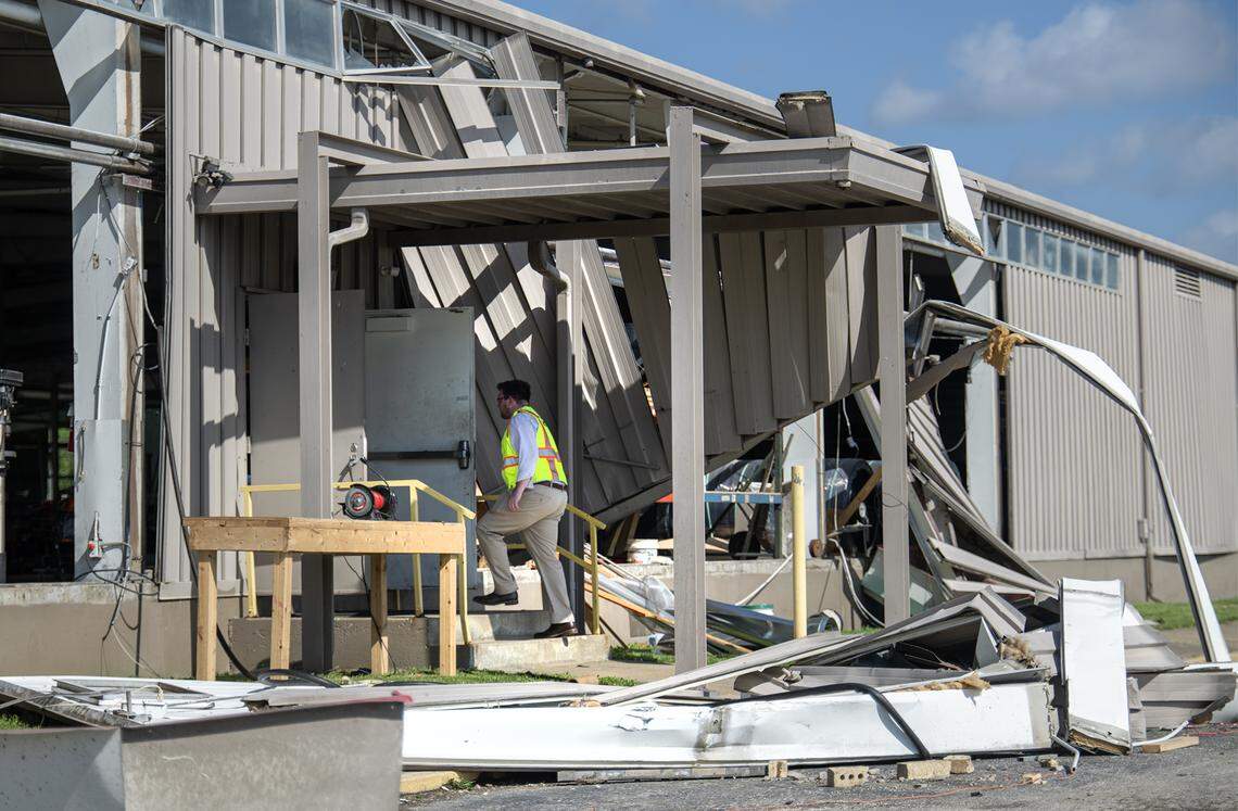 City officials were on site inspecting the TruComp Pipe manufacturing plant in Ottawa, Kansas, on Tuesday, April 14, 2026. A tornado struck the facility at 221 W. 17th St. Monday night causing damage so severe that city officials deemed the building unsafe.
