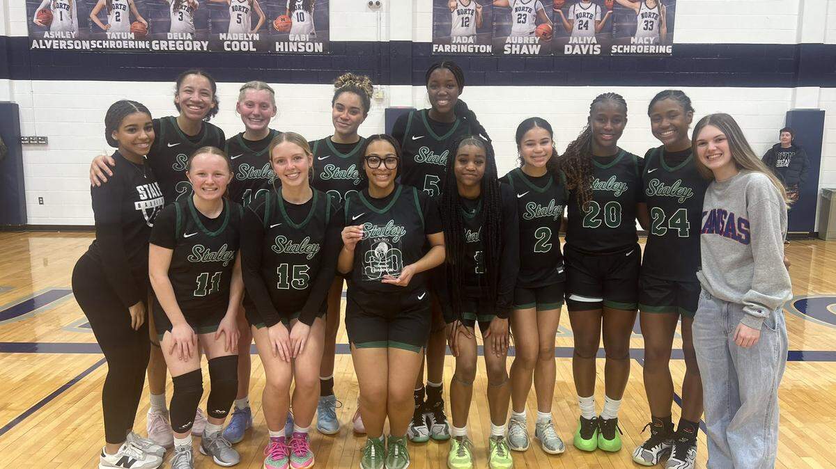 Staley lines up with the KA-MO Tournament championship trophy after its 65-44 win in the title game on Friday, Jan. 24, 2025.