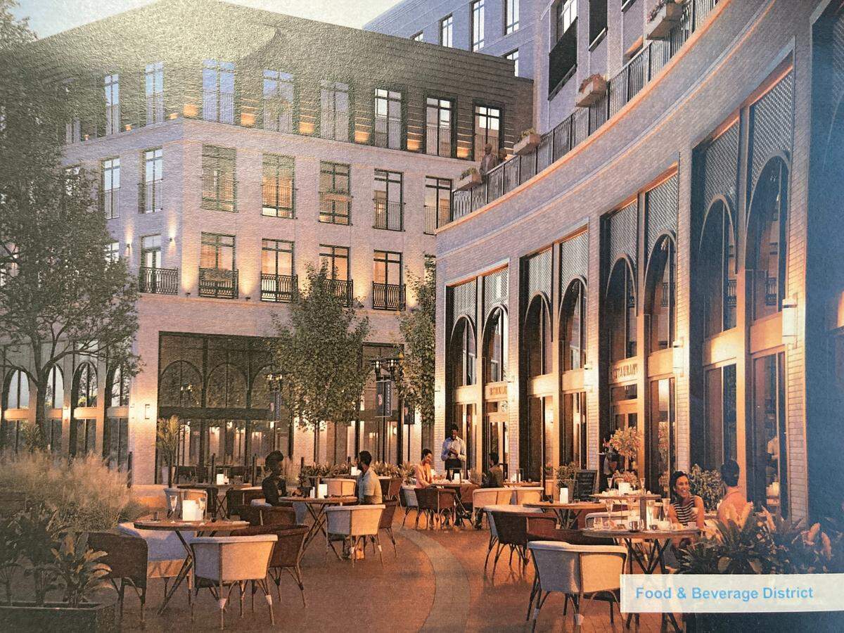 Rendering of the food and beverage district that is part of phase 1 of Chris and Angie Long’s $1 billion, mixed-use development under construction on the Berkley Riverfront. Phase 1 is scheduled for completion by the FIFA World Cup in June 2026.