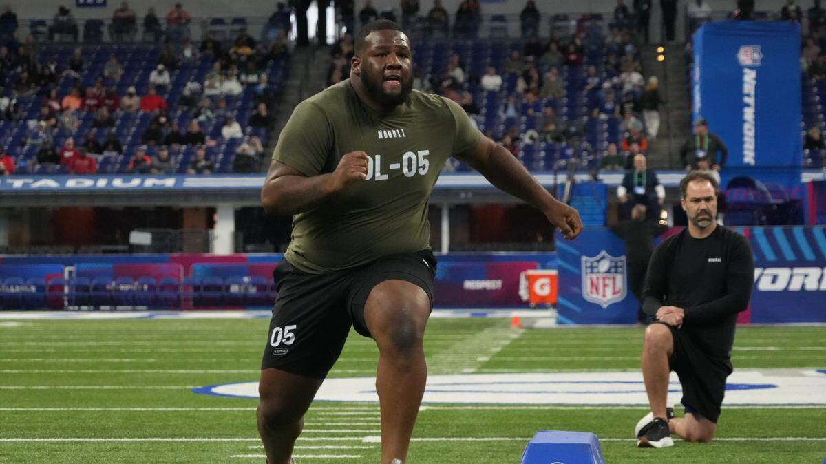 University of Texas defensive lineman Keondre Coburn participates in the NFL Scouting Combine at Lucas Oil Stadium last month in Indianapolis.
