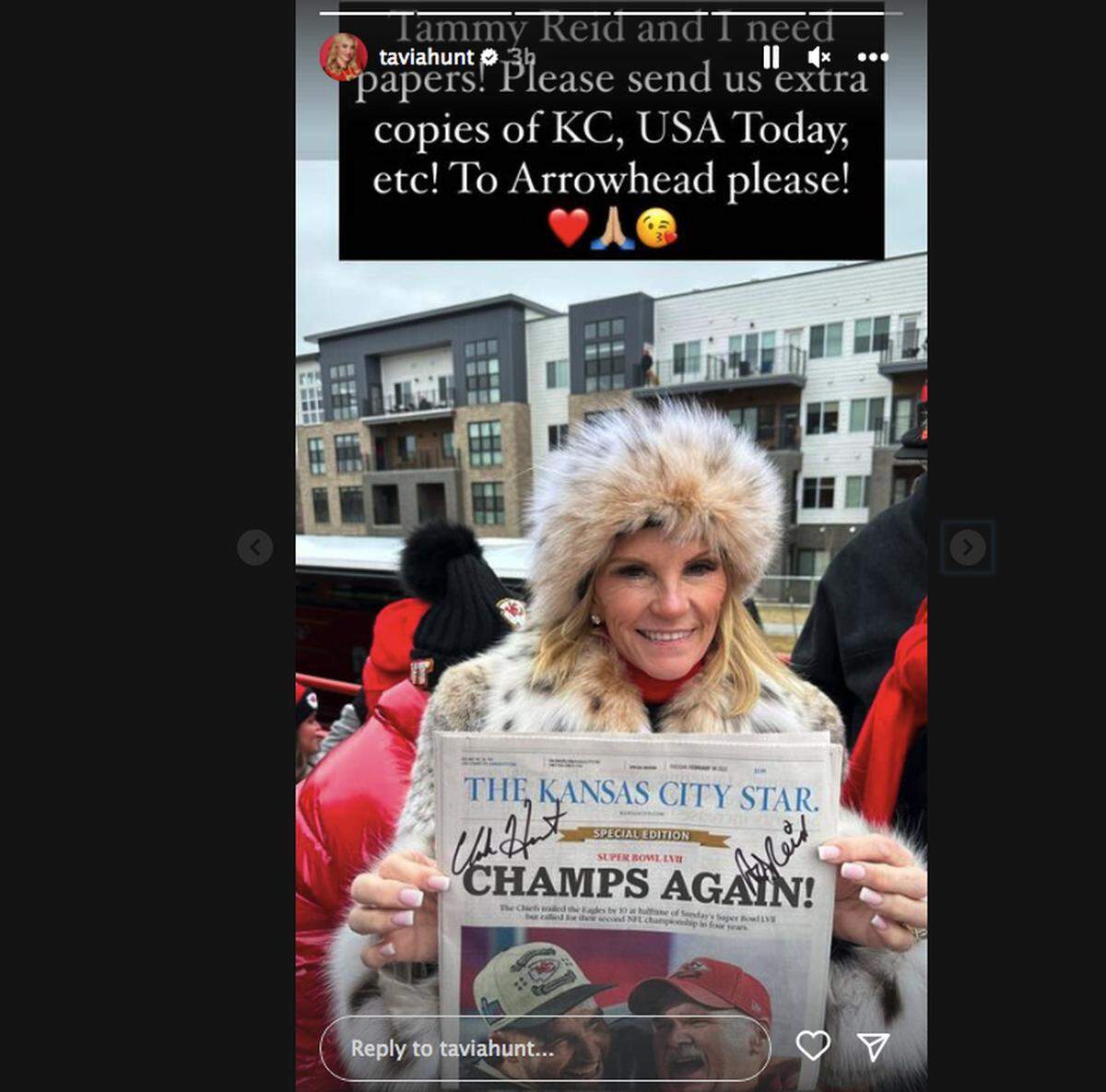 Tammy Reid, wife of Chiefs coach Andy Reid, wore a matching fur coat and hat to the team’s Super Bowl celebration Wednesday. It is a cold-weather look she favors.