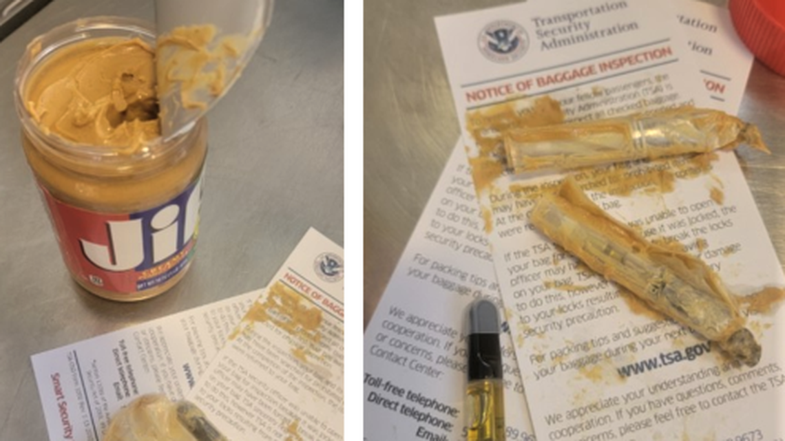 This jar of peanut butter hid three vape canisters with marijuana wrapped in plastic bags, officials said.