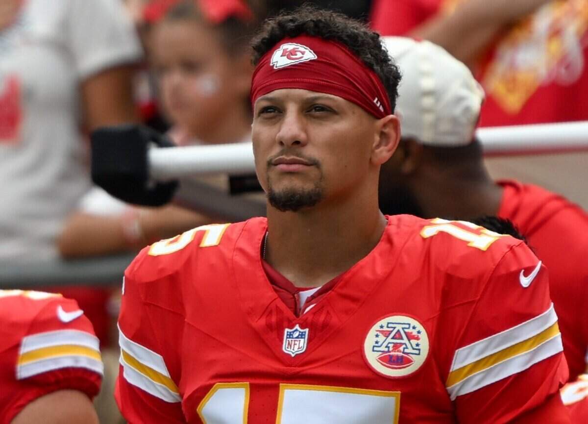 Kansas City Chiefs quarterback Patrick Mahomes (15) ahead of the Kansas City Chiefs vs. Los Angeles Rams preseason game at Arrowhead Stadium in Kansas City on Aug. 15, 2026.
