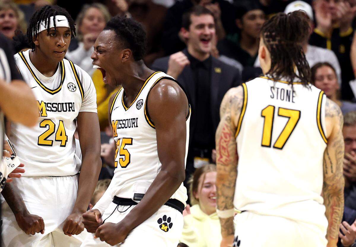 Mark Mitchell #25 of the Missouri Tigersr eacts after scoring and drawing a foul during the game against the Florida Gators at Mizzou Arena on January 03, 2026 in Columbia, Missouri.