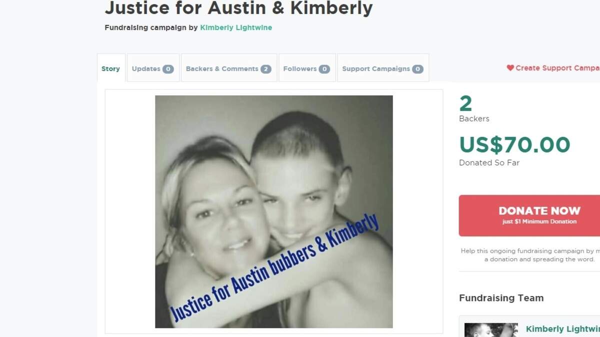 Kimberly Lightwine, 43, pleaded guilty Wednesday, May 9, 2018, to charges of involuntary manslaughter and elder abuse after her son, Austin Anderson, was found dead in a Missouri field. Lighwine, on a GoGetFunding page, said she had been assaulted and also drugged before deputies found her next to her son's body in 2016.
