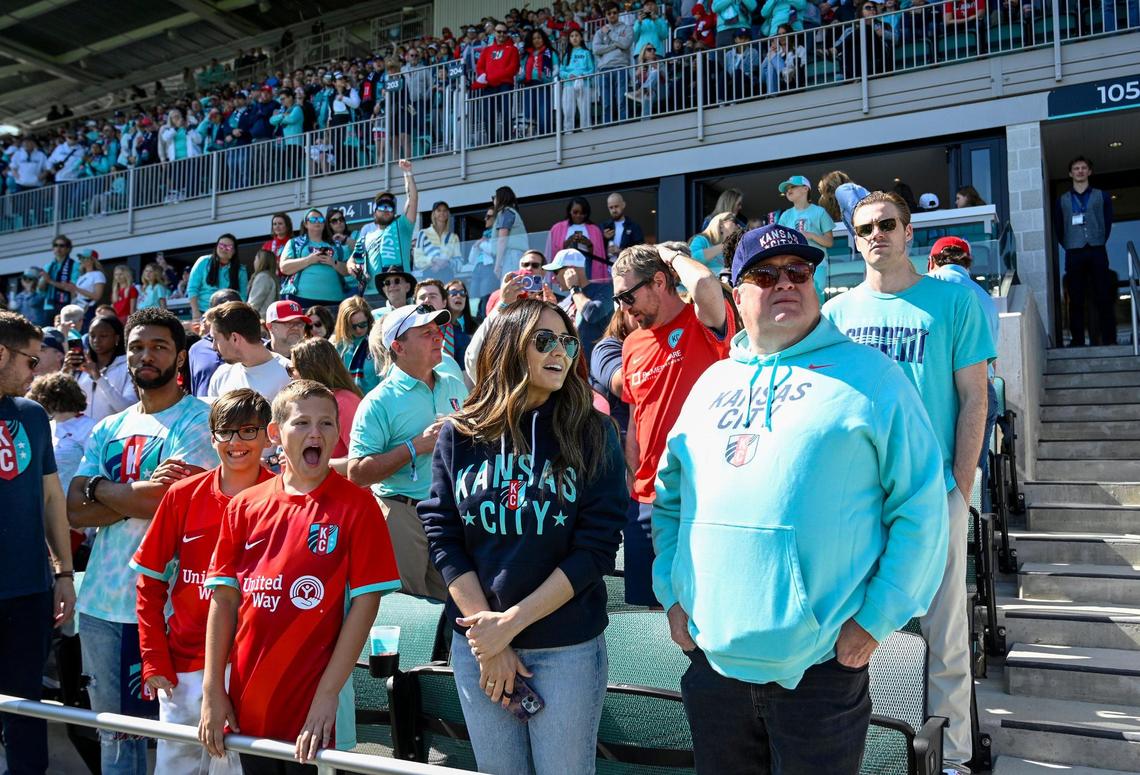 Actors Eric Stonestreet, right, and Anthony Hill, left with arms crossed, were on hand at the new CPKC Stadium for opening festivities and to watch the Kansas City Current take on the Portland Thorns on Saturday, March 16, 2024, in Kansas City.