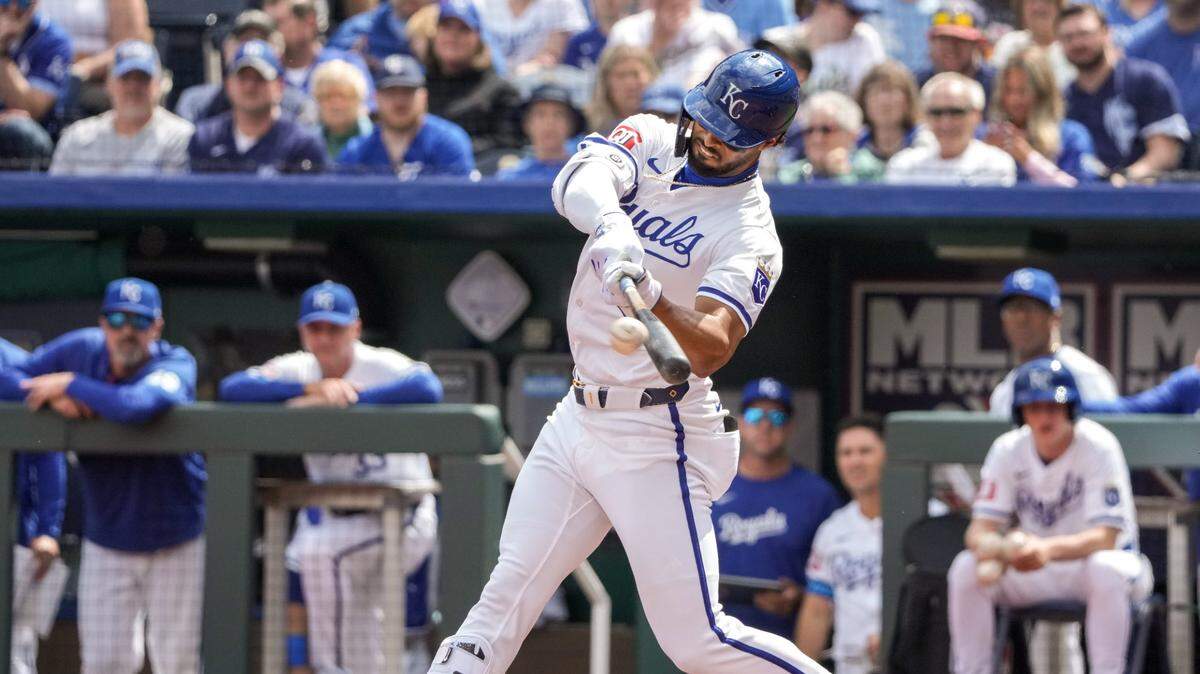 Kansas City Royals left fielder MJ Melendez hit a double against the Minnesota Twins during a game at Kauffman Stadium.