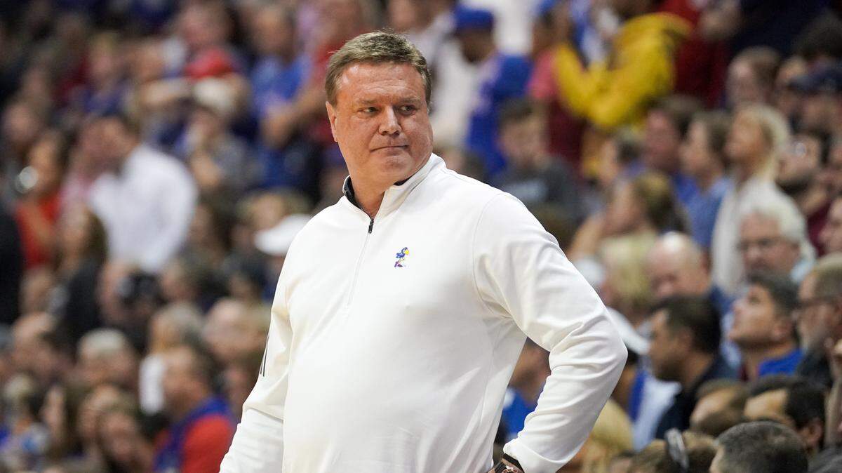 Kansas Jayhawks head coach Bill Self reacts to a play against the Oklahoma State Cowboys during the second half at Allen Fieldhouse on Dec. 31, 2022.