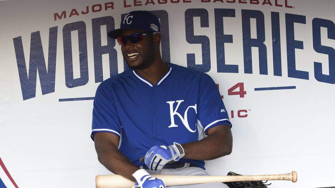 Kansas City Royals center fielder Lorenzo Cain was all smiles in the dugout prior to the start of batting practice before they met San Francisco Giants in game four of the World Series on Saturday, October 25, 2014 at AT&T Park in San Francisco, Calif.