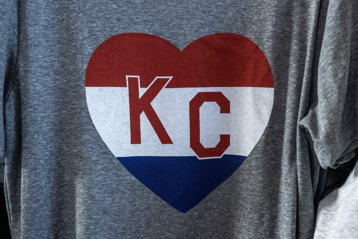 Charlie Hustle Netherlands-theme shirt is seen displayed for sale at the Rally House inside Union Station on Tuesday, June 9, 2026, in Kansas City.