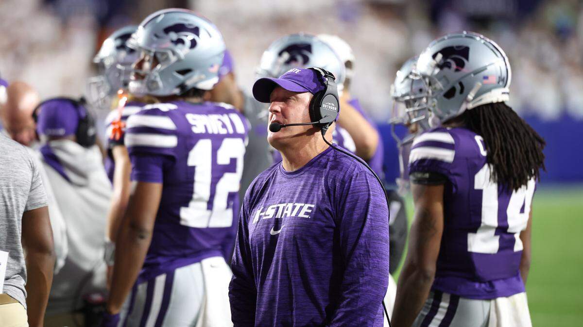 Kansas State Wildcats head coach Chris Klieman looks on against the BYU Cougars during the first quarter at LaVell Edwards Stadium on Sept. 21, 2024.