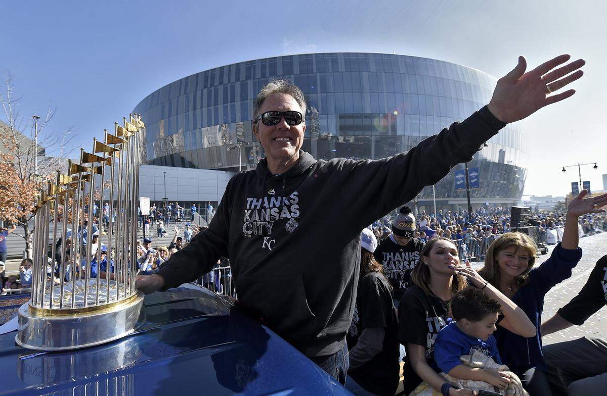Kansas City Royals manager Ned Yost waved to the crowd during the World Series championship parade on November 3, 2015 in Kansas City to celebrate winning the World Series at the Citi Field in Queens, N.Y.