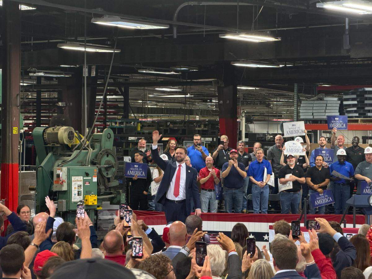 Vice President JD Vance addressed a crowd at Milbank Manufacturing in northern Kansas City on May 18, 2026.