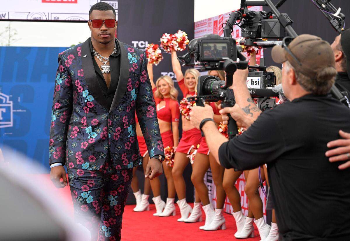 NFL Draft prospect Tyree Wilson, Texas Tech defensive lineman, walked the Red Carpet on the Memorial Courtyard before the first round of the NFL Draft on Thursday, April 27, 2023, at the National WWI Museum and Memorial.