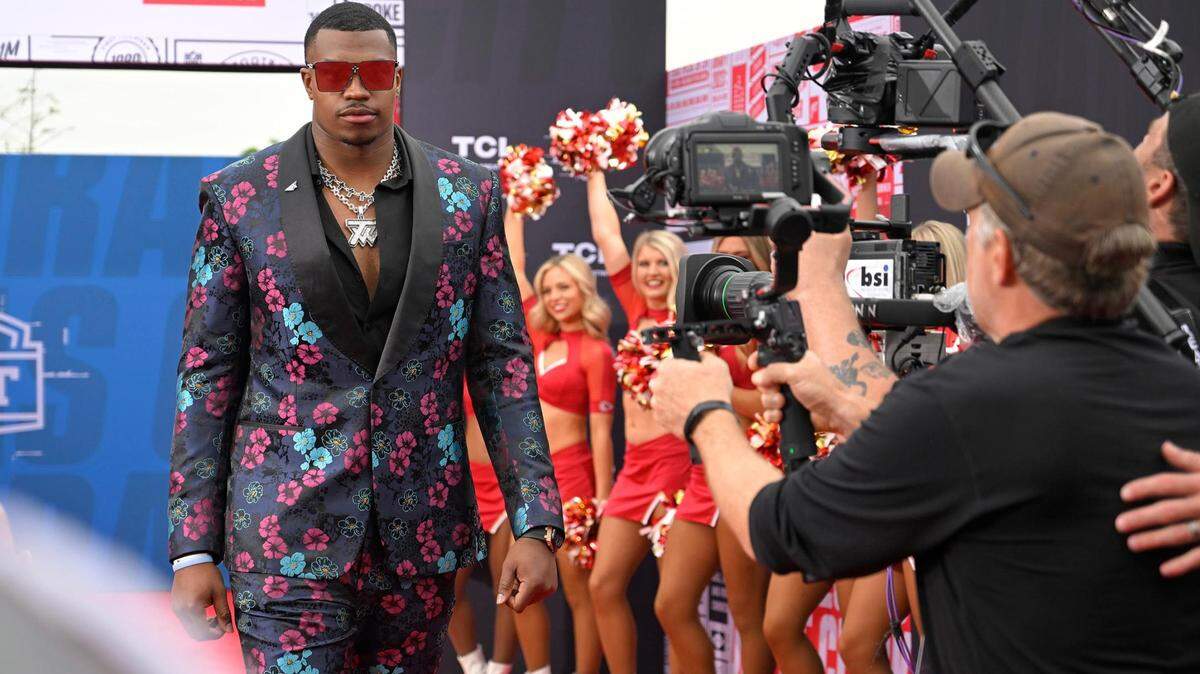 NFL Draft prospect Tyree Wilson, Texas Tech defensive lineman, walked the Red Carpet on the Memorial Courtyard before the first round of the NFL Draft on Thursday, April 27, 2023, at the National WWI Museum and Memorial.