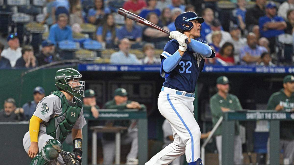 Royals first baseman Nick Pratto hits a two-run home run during the fourth inning against the Oakland Athletics at Kauffman Stadium on Friday, May 5, 2023.