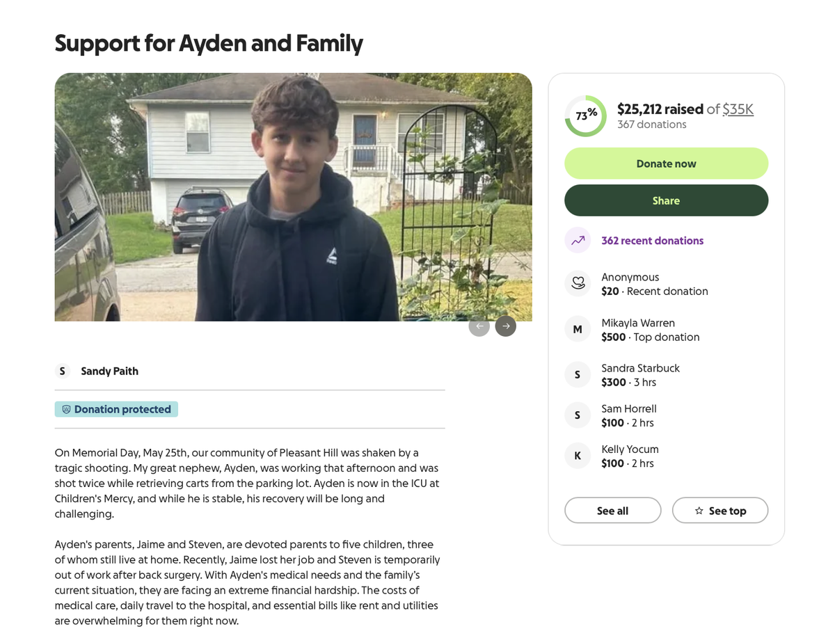 Ayden, 16, is in stable condition after he was shot while retrieving grocery carts at Cosentino’s Price Chopper in Pleasant Hill on Memorial Day, May 26, 2026.