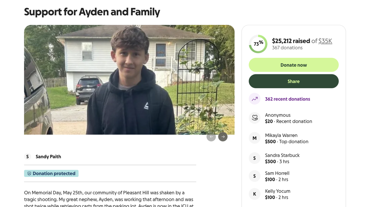 Ayden, 16, is in stable condition after he was shot while retrieving grocery carts at Cosentino’s Price Chopper in Pleasant Hill on Memorial Day, May 26, 2026.