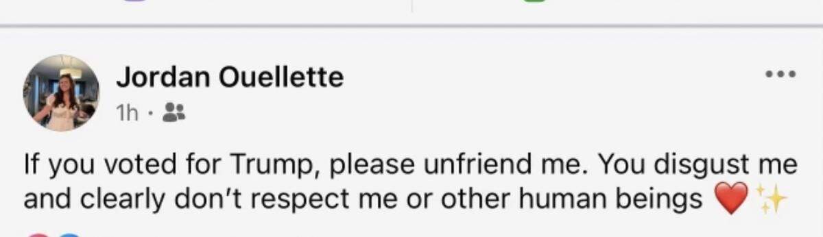 A deputy county prosecutor was fired after she made posts on social media saying Trump voters “disgust” her, Indiana officials said.