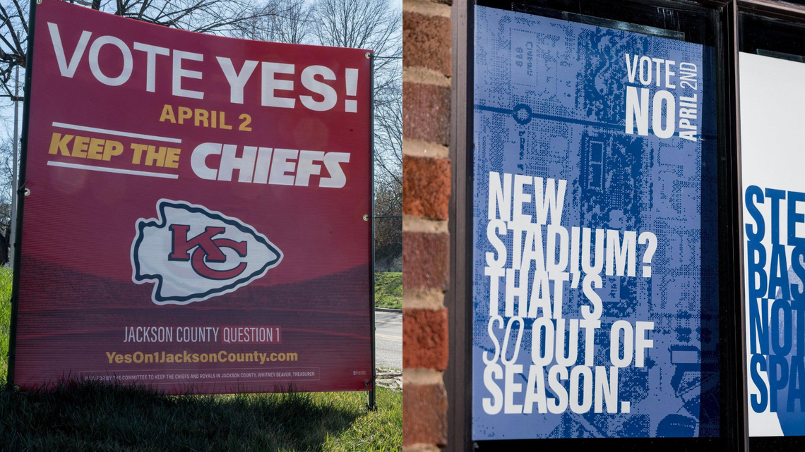 A yard sign and a window sign in Kansas City take opposing stances on the stadium tax issue that’s on the ballot in Jackson County in the April 2 election.