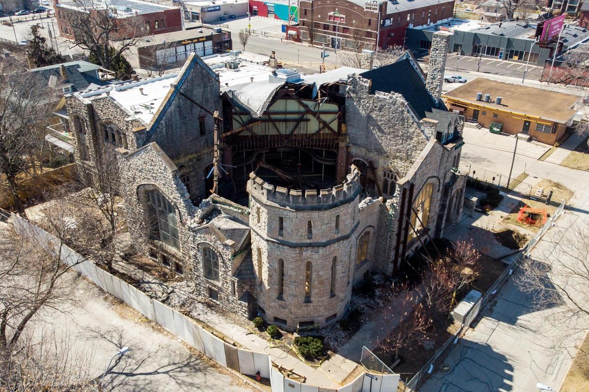 The Westminster Congregational Church at 3600 Walnut Street, which is the recent home of Unruh Furniture, faces uncertain fate after a structural failure caused the sanctuary’s roof to collapse in on itself on Feb. 13, 2021. The city is debating whether to restore or demolish the building, which is on the national and Kansas City lists of registered historic places.