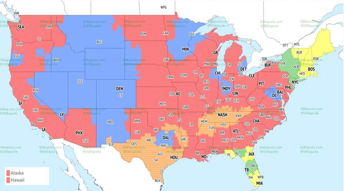 The Chiefs-Panthers game will be seen in the areas in red.