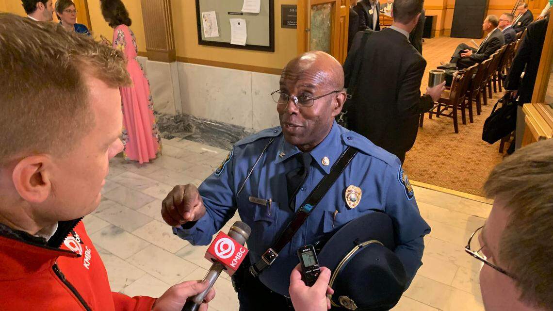 Kansas Highway Patrol Superintendent Herman Jones speaks to reporters on Wednesday, hours after Gov. Laura Kelly announced he would step down on July 1. Jones said the governor didn’t ask him to step down.