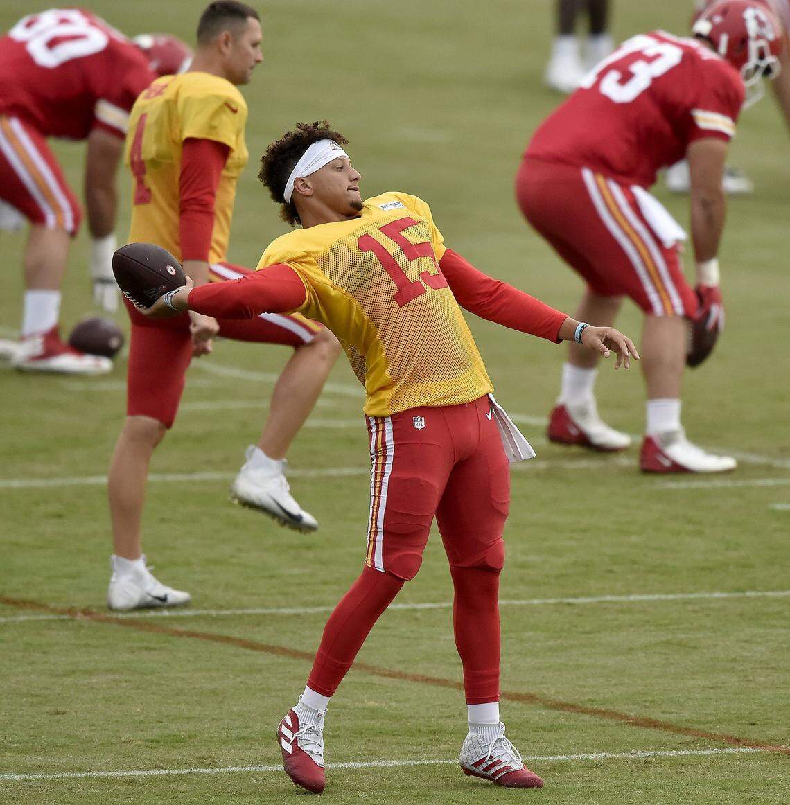 Quarterback Patrick Mahomes (15) warms up during the Kansas City Chiefs training camp at Missouri Western State University in St. Joseph, Missouri, Thursday, Aug. 8, 2019.