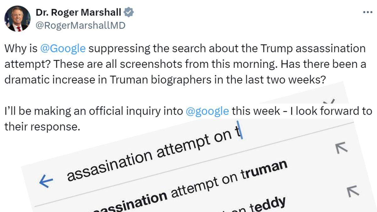 Kansas Sen. Roger Marshall alleged on X that Google is suppressing information about the assassination attempt on Donald Trump in its autocomplete suggestions.