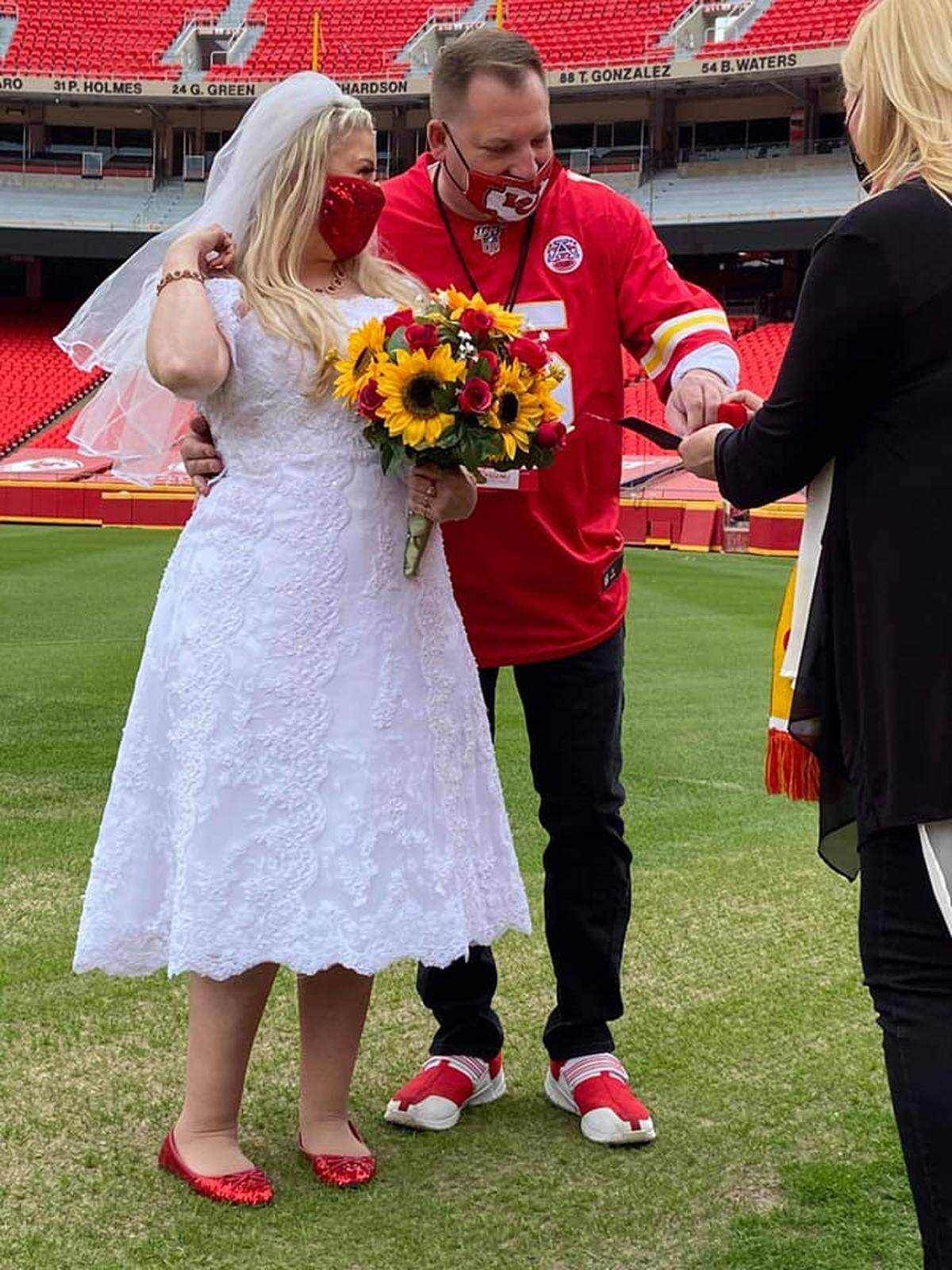 Angelique (Angel) Jones Reeves and Michael Reeves of Rolla, Missouri, got married at Arrowhead on the sly during a public tour of the stadium last year. They exchanged vows in a quick ceremony led by ordained minister Karmen Dungans of Overland Park, who is also a Chiefs fan.
