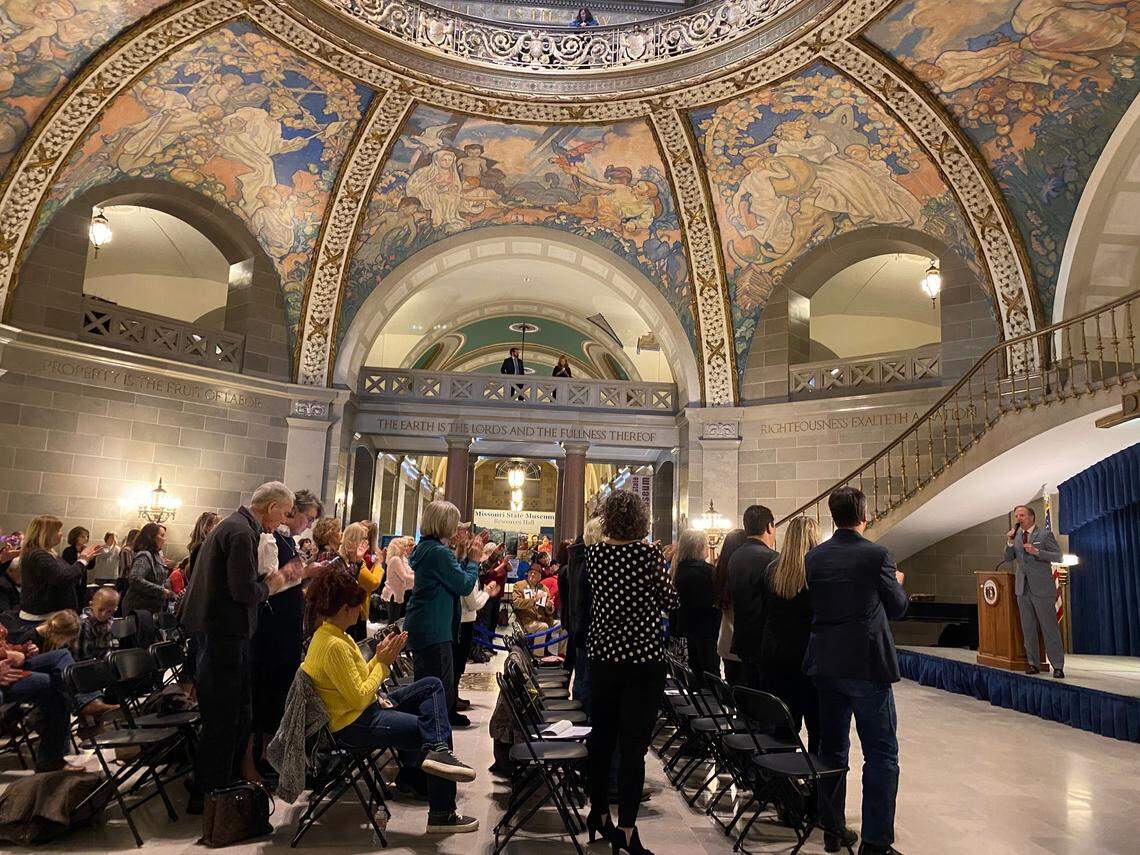 A crowd of conservative activists give a standing ovation to Missouri Sen. Bob Onder, R-Lake St. Louis, at a state capitol. The Feb. 15 rally was meant to pressure GOP legislative leaders to back a congressional map that gerrymanders Kansas City’s safe Democratic district in favor of delivering an additional seat for Republicans.