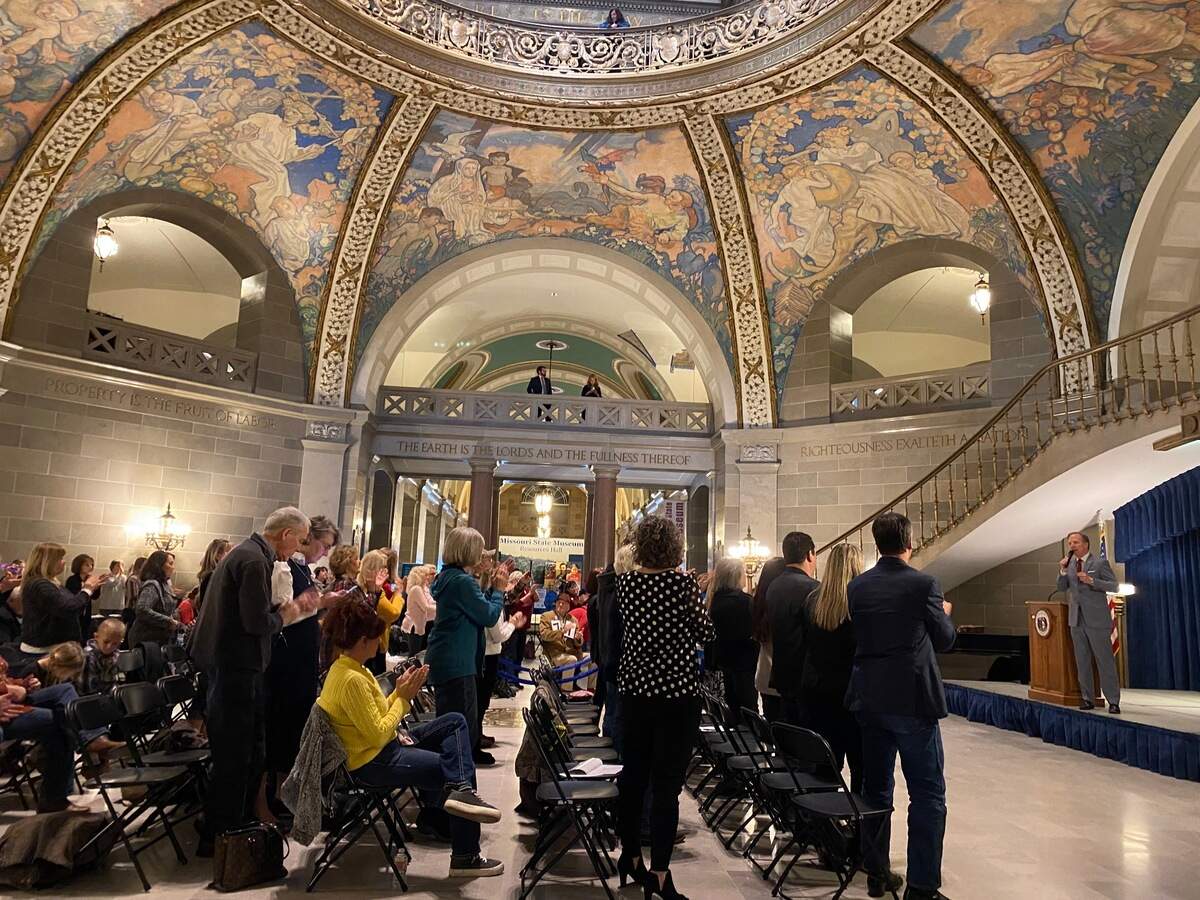 A crowd of conservative activists give a standing ovation to Missouri Sen. Bob Onder, R-Lake St. Louis, at a state capitol. The Feb. 15 rally was meant to pressure GOP legislative leaders to back a congressional map that gerrymanders Kansas City’s safe Democratic district in favor of delivering an additional seat for Republicans.