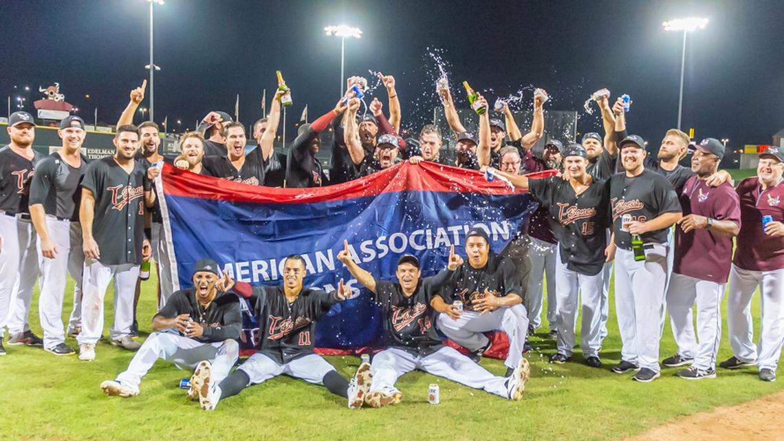 The Kansas City T-Bones celebrated the American Association championship Saturday night at their home park in Kansas City, Kan.