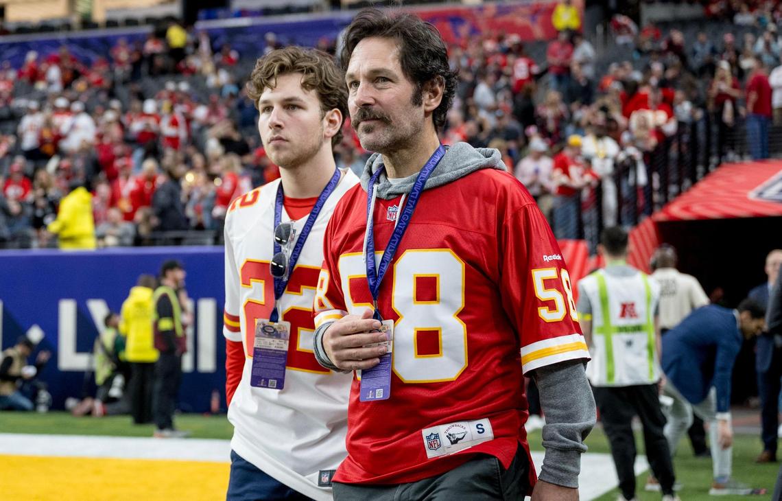 Chiefs superfan Paul Rudd, who grew up in Overland Park, took his son, Jack, to the Super Bowl in Las Vegas in February. Rudd wore a No. 58 Chiefs jersey in memory of Derrick Thomas, the Chiefs player who died after a car crash in February 2000.