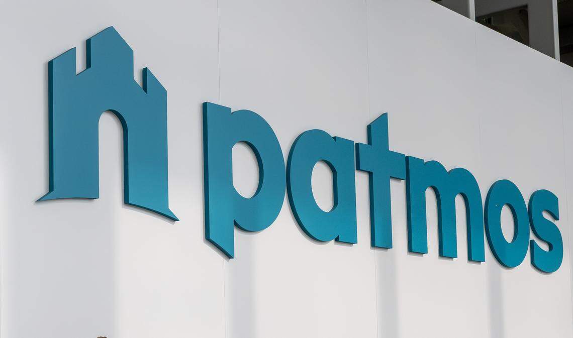 The Patmos Tech logo is displayed at the main entrance of the company's new campus inside the former Kansas City Star building on Wednesday, Sept. 10, 2025, in Kansas City.