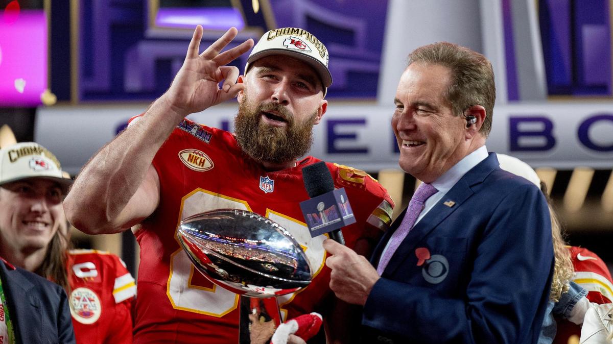 Kansas City Chiefs tight end Travis Kelce (87) holds up three fingers to signify his three Super Bowl wins after the Chiefs defeated the San Francisco 49ers in overtime 25-22 in Super Bowl LVIII on Sunday, Feb. 11, 2024, in Las Vegas.