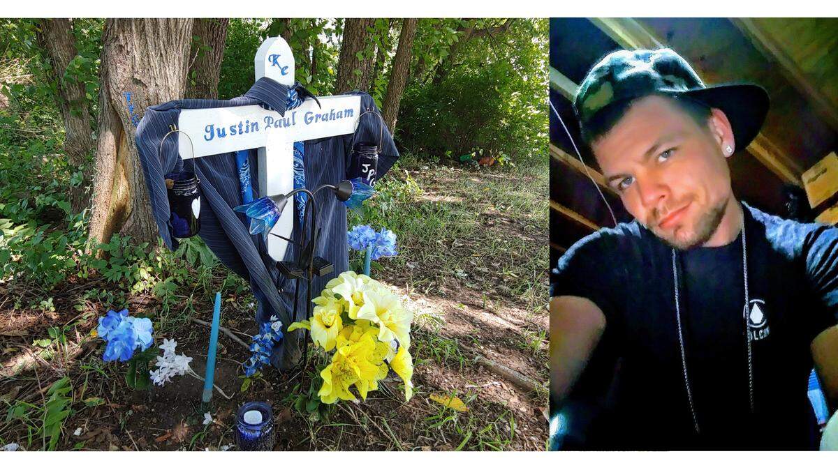 A memorial marks the open field near 17th Street and White Avenue in Kansas City where the body of 26-year-old Justin Graham, right, was discovered Aug. 7, 2018.