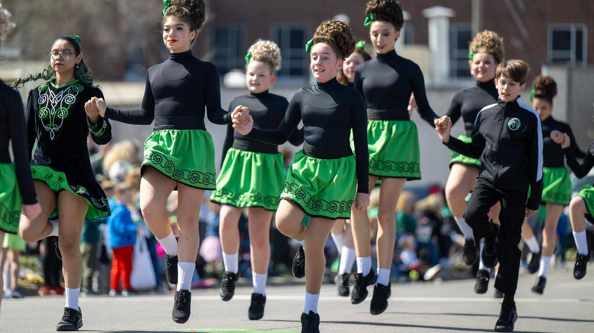 Dancers from the O’Riada Manning Academy of Irish Dance in Mission, Kansas, danced along Johnson Drive during the 38th annual Shawnee St. Patrick’s Day Parade on Sunday, March 10, 2024.