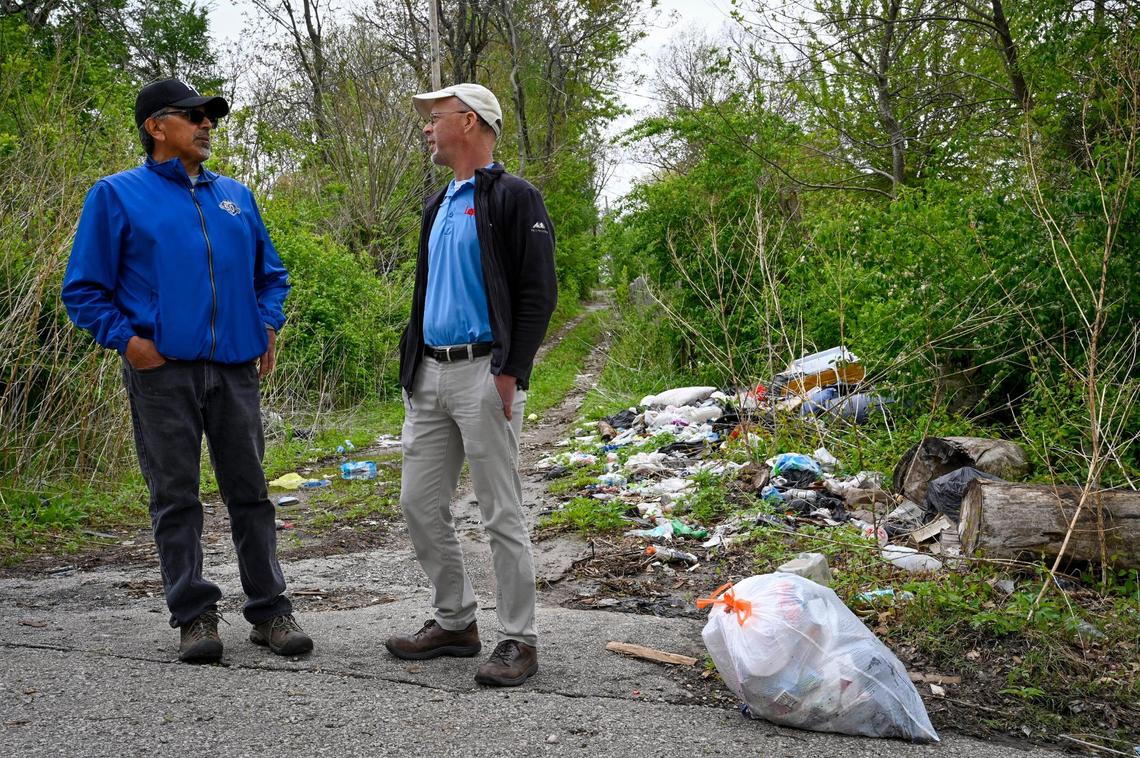 Mark Morales, left, president of Sheffield Neighborhood Association, and Richard Zolnowski of Light of Kansas City are both actively involved in trying to eliminate illegal dumping in the neighborhood.