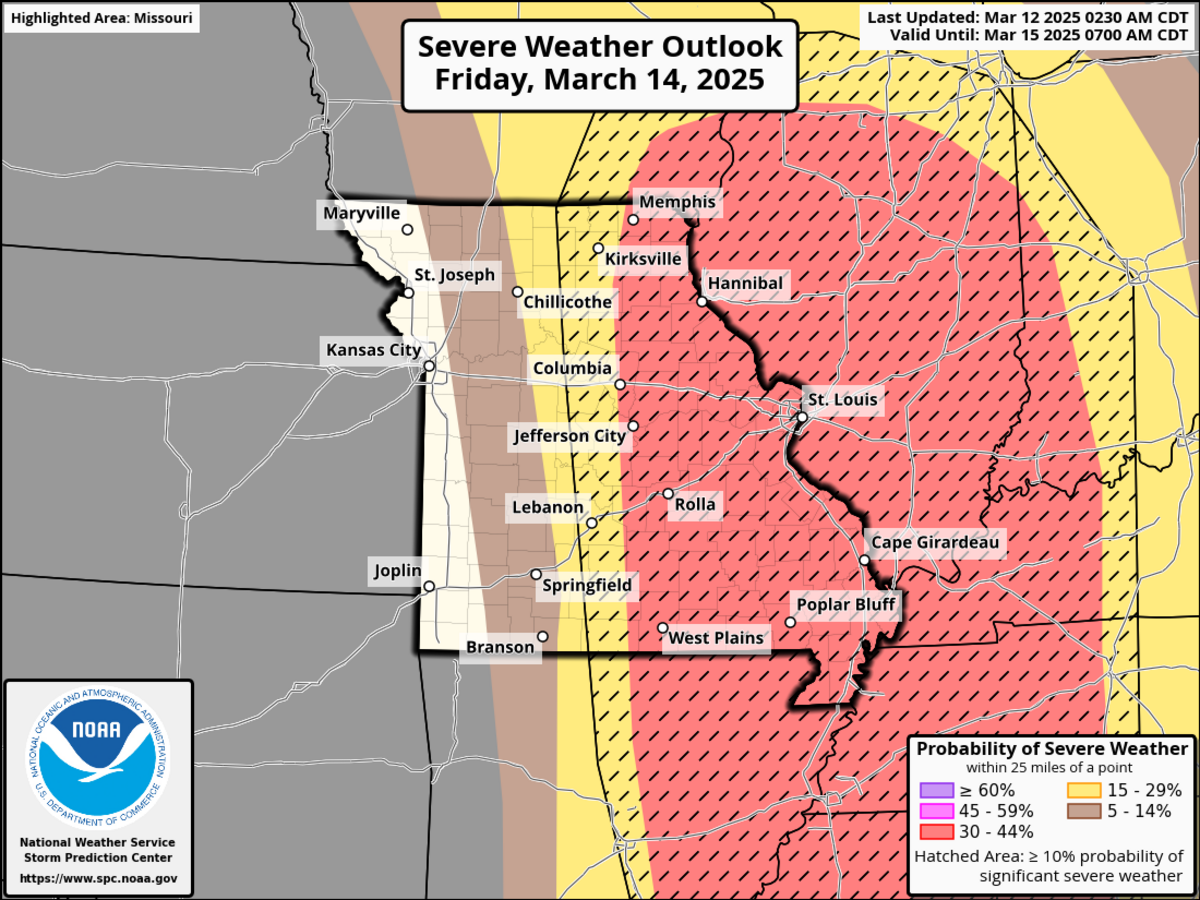 Areas east of U.S. 63 have a greater probability of severe weather late Friday afternoon, according to the National Weather Service’s Storm Prediction Center.