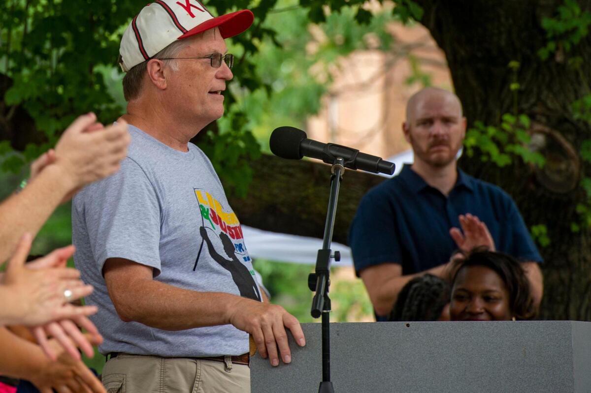 Overland Park council member Paul Lyons speaks at the second annual Advocacy and Awareness Peace March and Rally on Juneteenth, Saturday, June 19, 2021, at Thompson Park in Overland Park, Kansas. Members of the community gathered to hear speakers and watch performers at the rally.