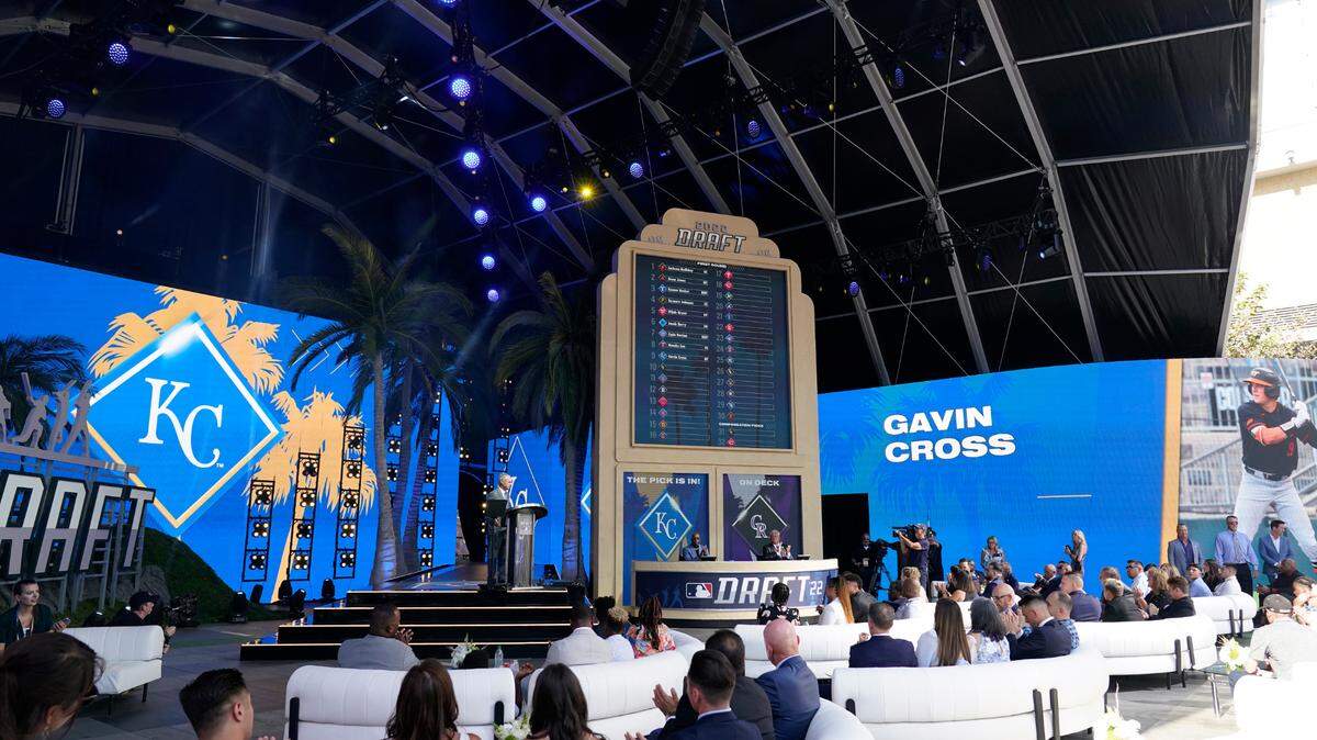 Gavin Cross is selected by the Kansas City Royals with the ninth pick of the 2022 MLB baseball draft, Sunday, July 17, 2022, in Los Angeles. (AP Photo/Abbie Parr)