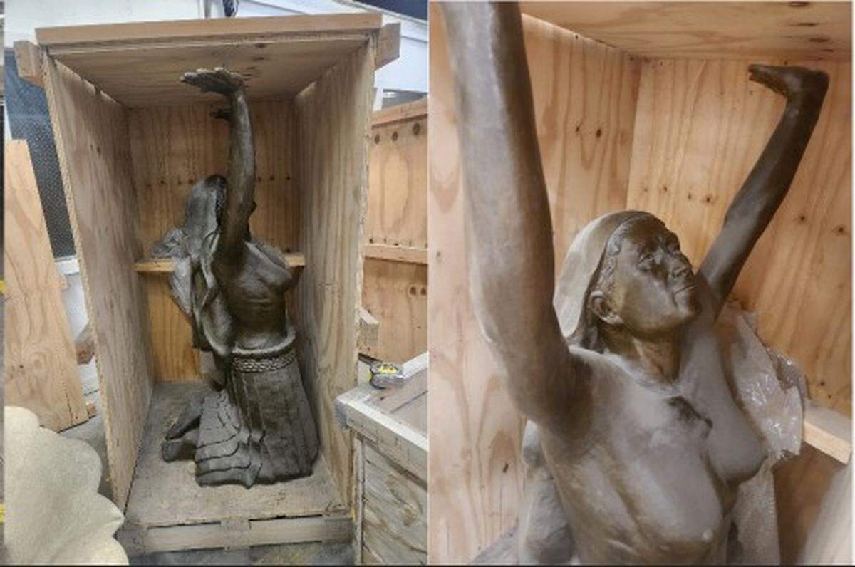Two of three female figures from the sculpture Las Tarascas in storage in Kansas City. The figured have been in crates for 12 years, since the sculpture was given as a gift to the city in 2013 from sister city, Morelia, Mexico. The sculpture has been approved to be installed on Southwest Boulevard.
