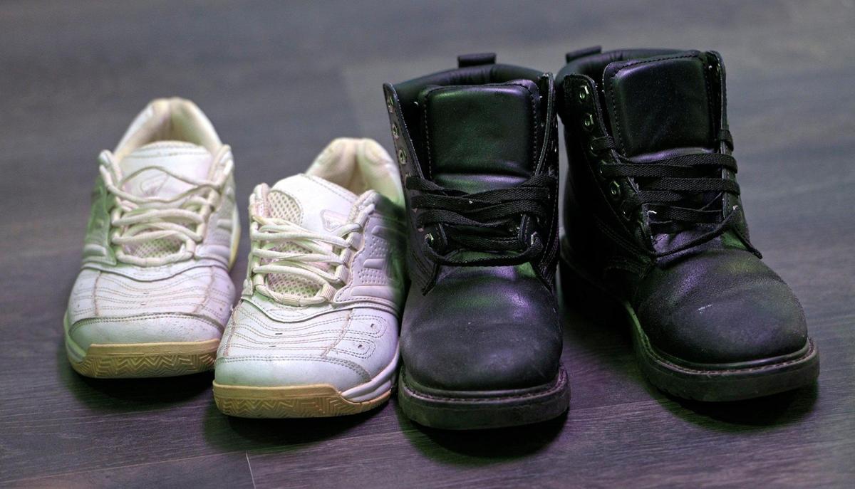 Kevin Strickland brought home belongings from prison, including these shoes, which he sometimes still wears. Strickland, 62, exonerated in a 1978 triple murder, has been free for about a month.