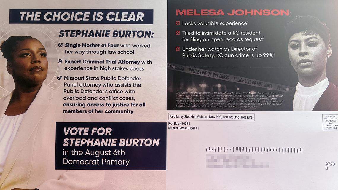 A supposedly pro-Stephanie Burton mailer attacking Melesa Johnson, back flyer flier postcard Jackson County Democratic prosecutor election 2024