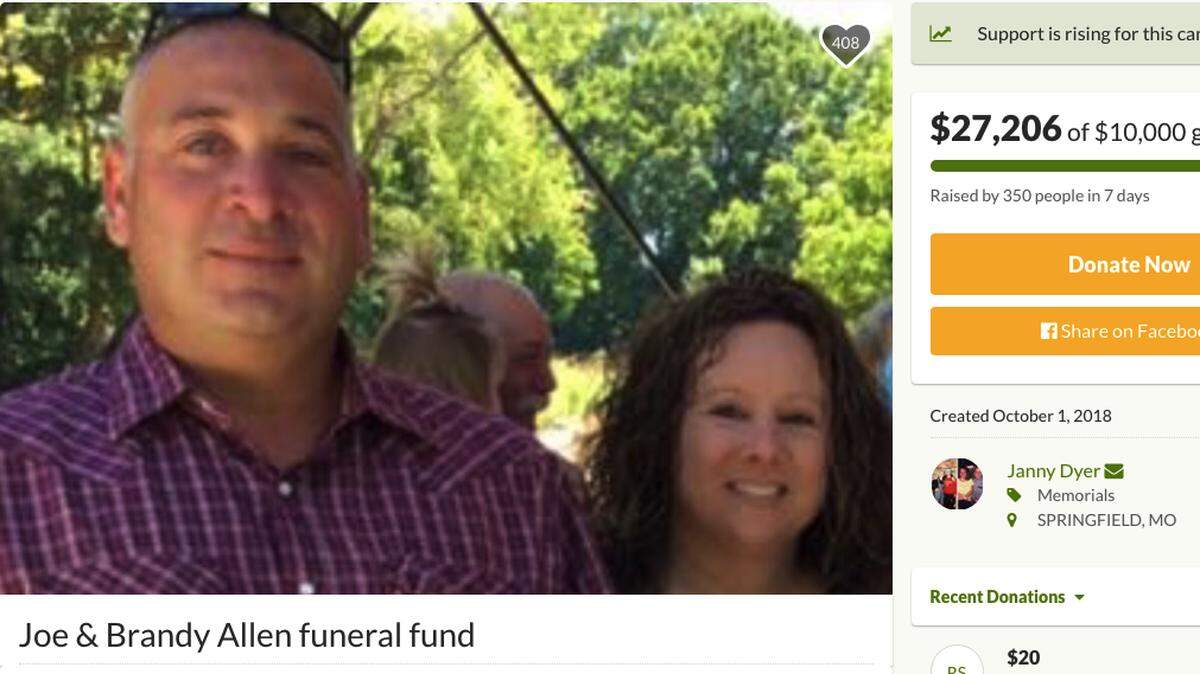 Joe and Brandy Allen of Tunas, Missouri were murdered at their home during an apparent botched armed robbery on September 30. They had just celebrated their wedding anniversary. One of the men wanted in connection with the murder is still at large and considered armed and dangerous.