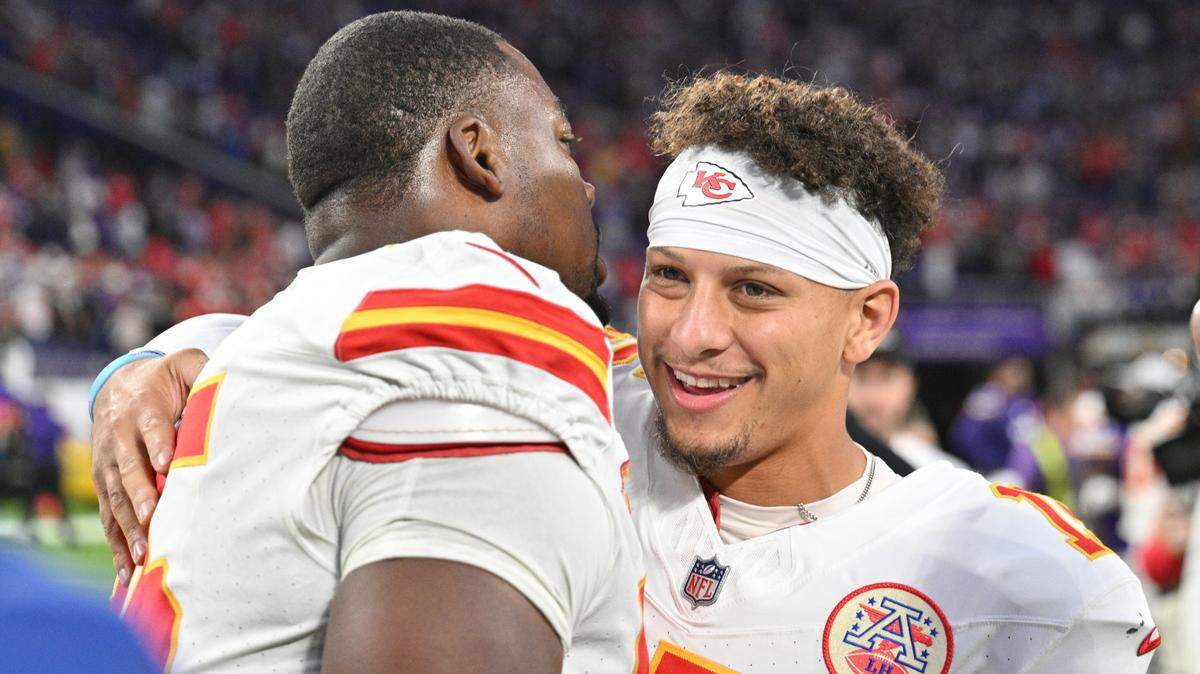 Oct 8, 2023; Minneapolis, Minnesota, USA; Kansas City Chiefs quarterback Patrick Mahomes (15) and defensive tackle Chris Jones (95) react after the game against the Minnesota Vikings at U.S. Bank Stadium. Mandatory Credit: Jeffrey Becker-USA TODAY Sports