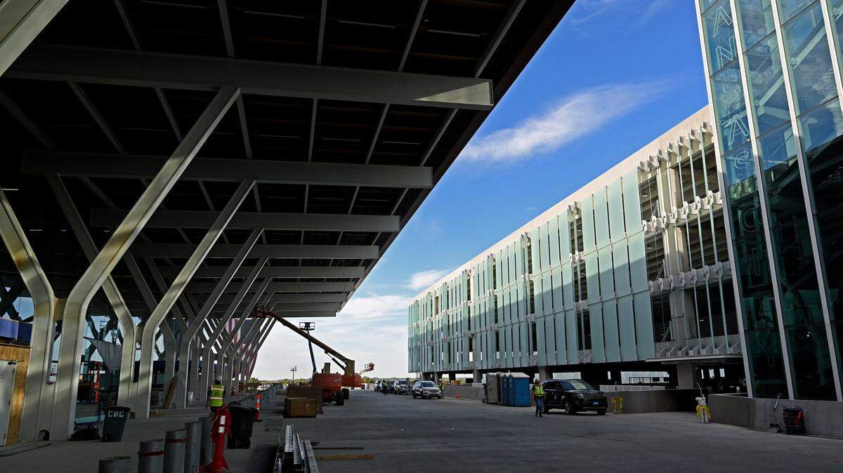 Construction work continued on the new Kansas City International Airport terminal.