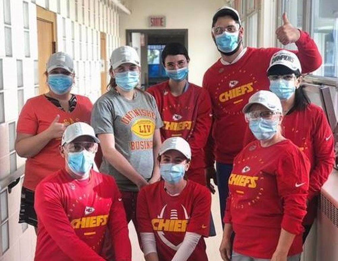 Chiefs lineman Laurent Duvernay-Tardif, top right, opted out this season to fight on the front lines against COVID-19 in his native Canada, but he’s still watching his team closely.